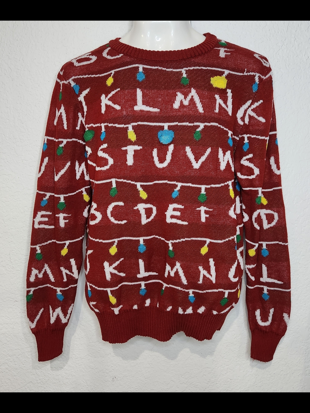 STRANGER THINGS Red Alphabet Ugly Holiday Sweater with Christmas -Color Lights